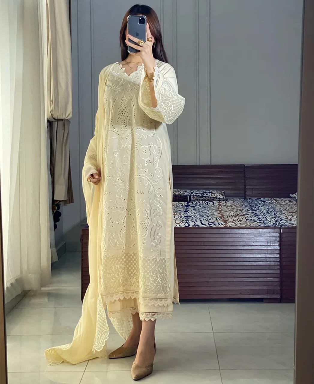 OFF WHITE EMBROIDERED 3PC SUIT