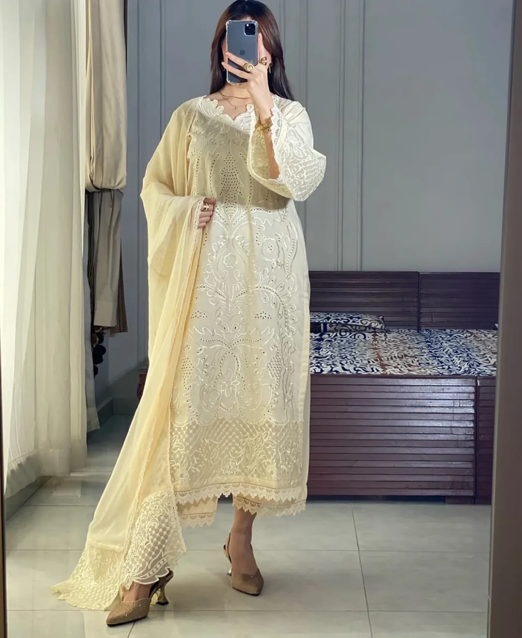 OFF WHITE EMBROIDERED 3PC SUIT