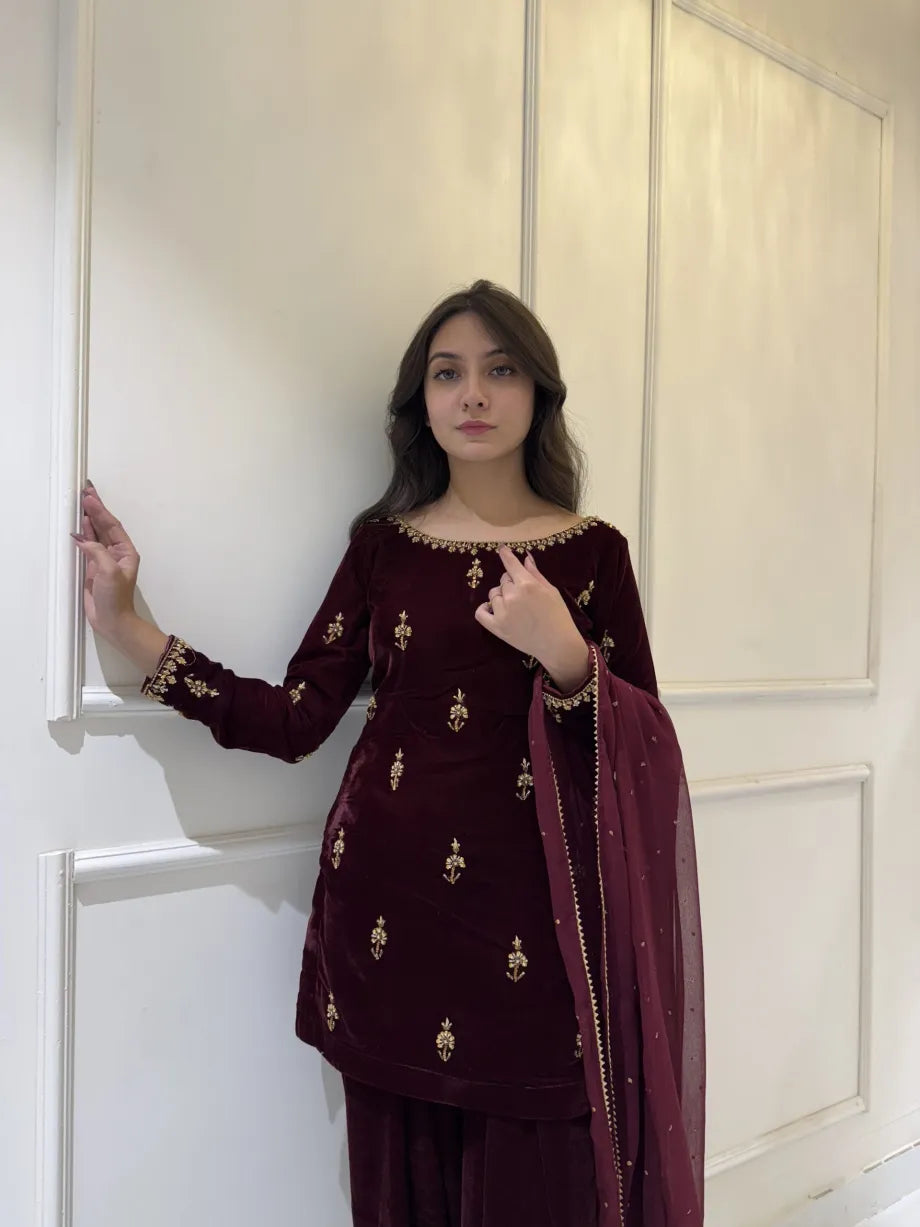 SOLID MAROON VELVET HAND EMBELLISHED KURTA WITH SHALWAR AND DUPATTA