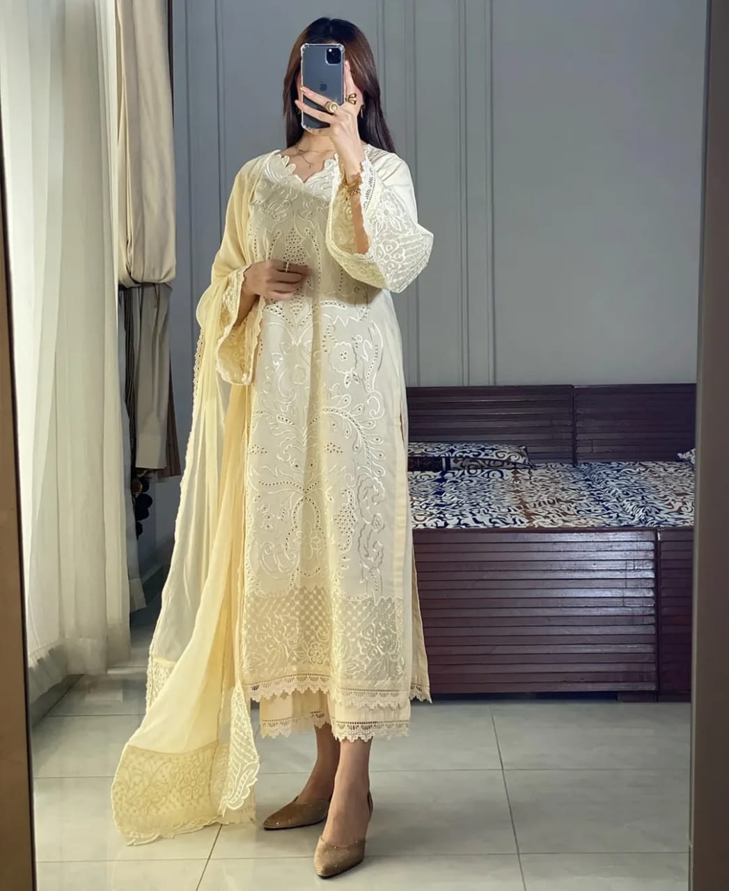 OFF WHITE EMBROIDERED 3PC SUIT