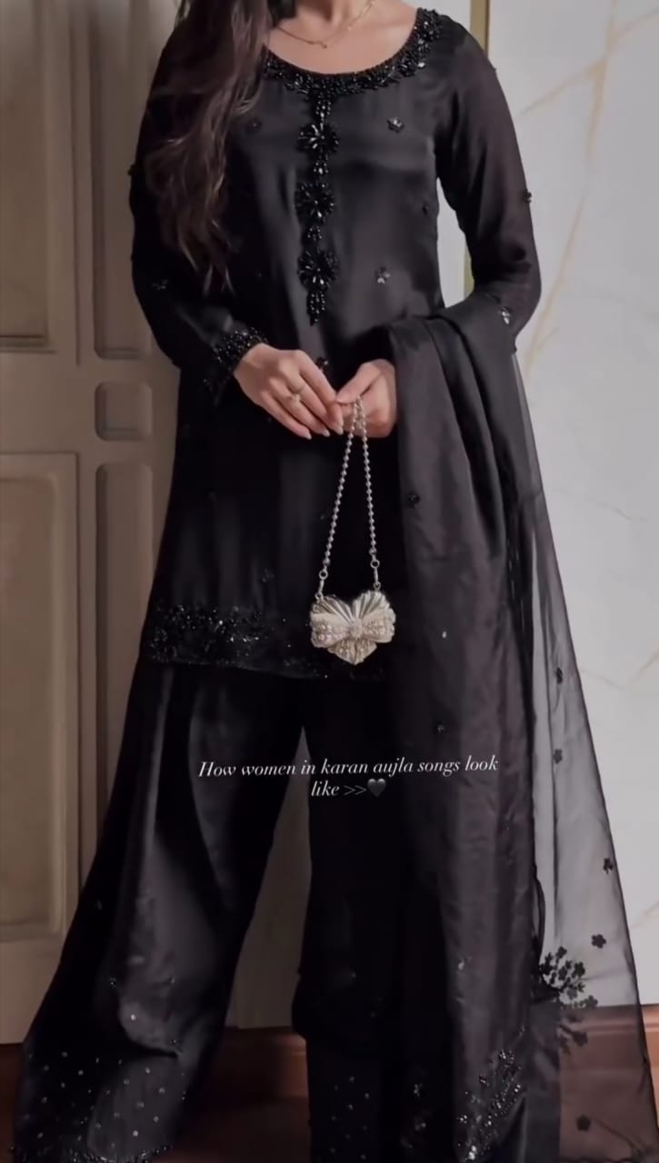 Black Classic Embroidered 3-Pc Suit for Women