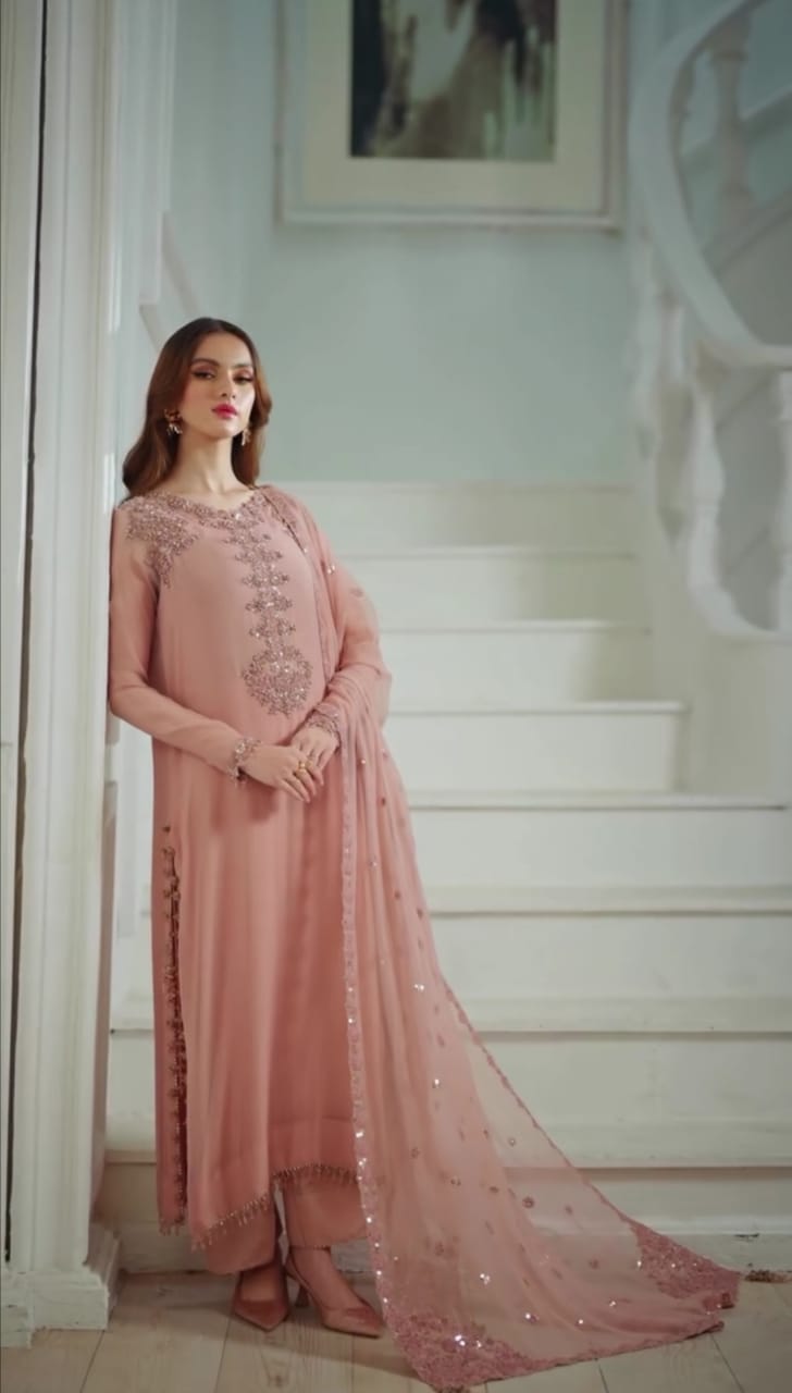 Baby Pink Embroidered Shafoon 3Pc Suit