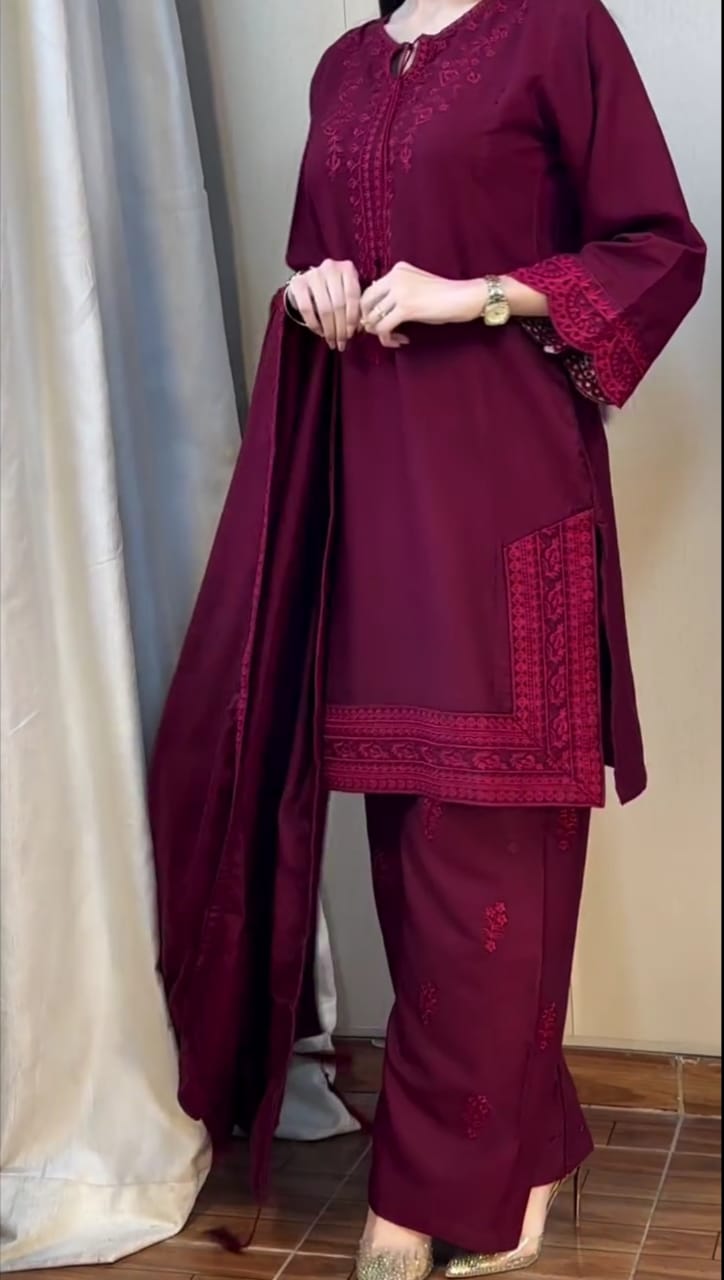 Maroon Embroidered 3Pc Suit