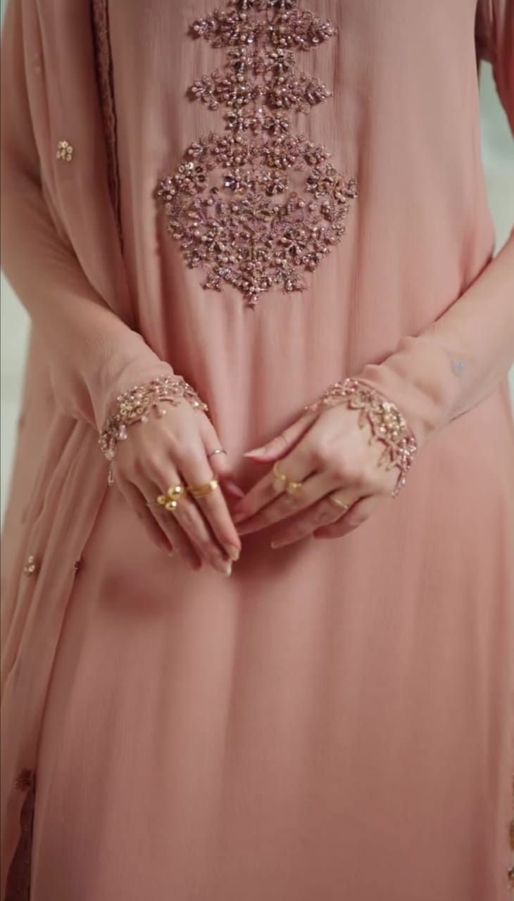 Baby Pink Embroidered Shafoon 3Pc Suit