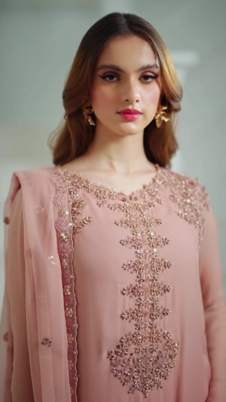 Baby Pink Embroidered Shafoon 3Pc Suit