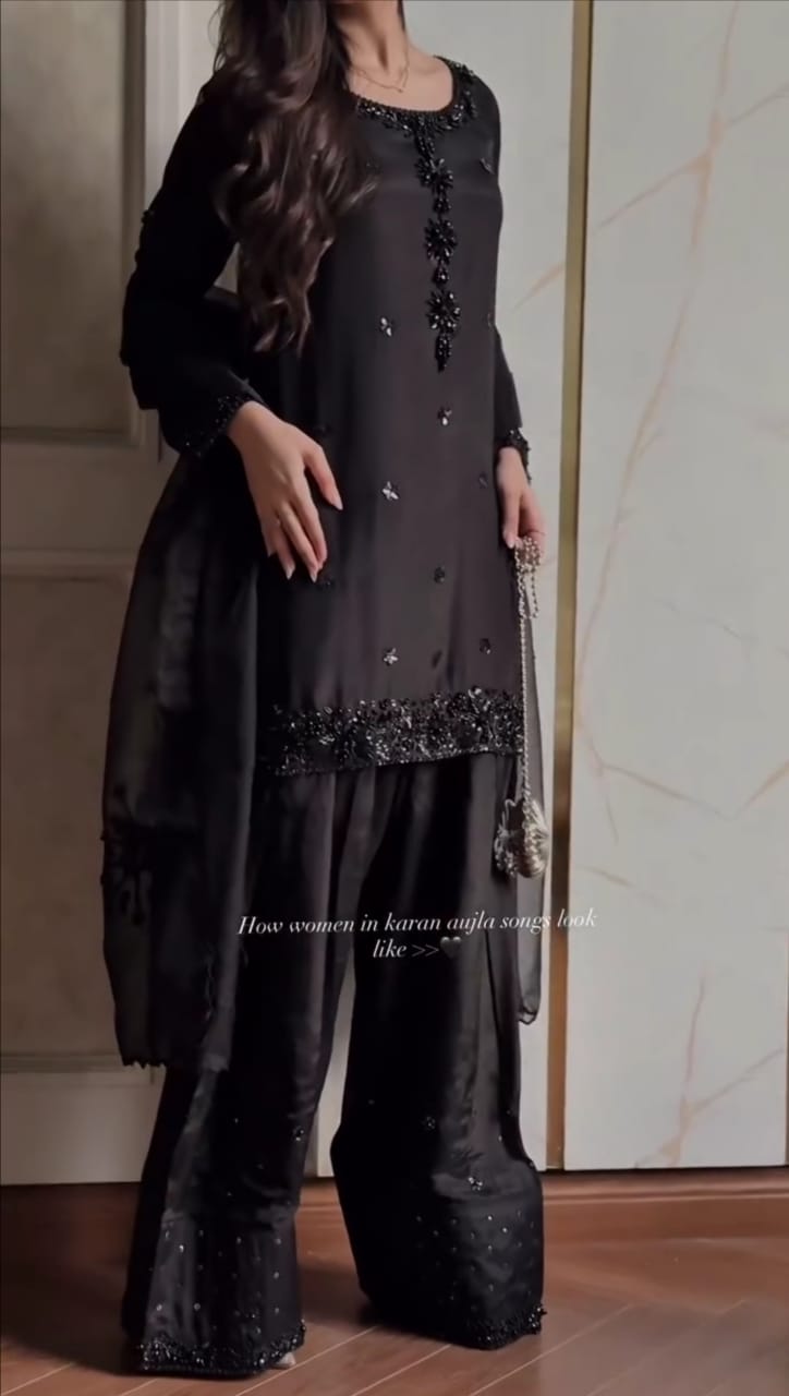 Black Classic Embroidered 3-Pc Suit for Women