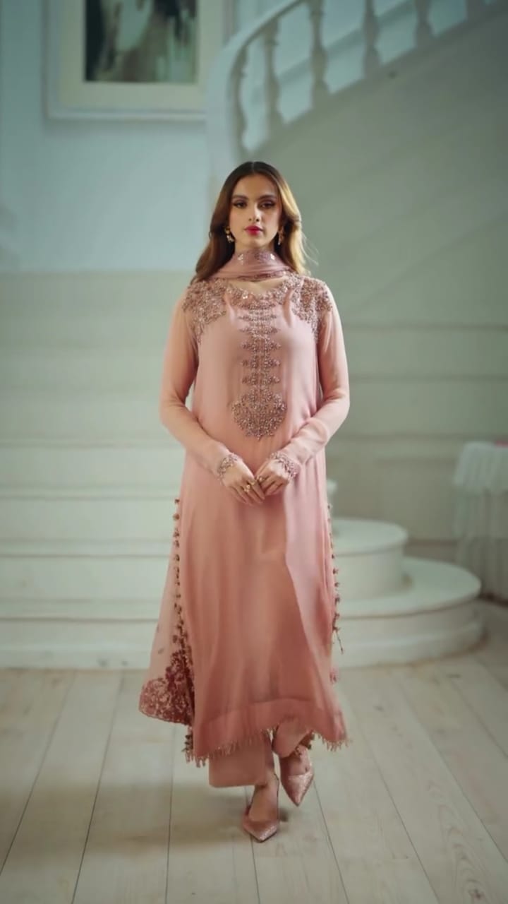 Baby Pink Embroidered Shafoon 3Pc Suit