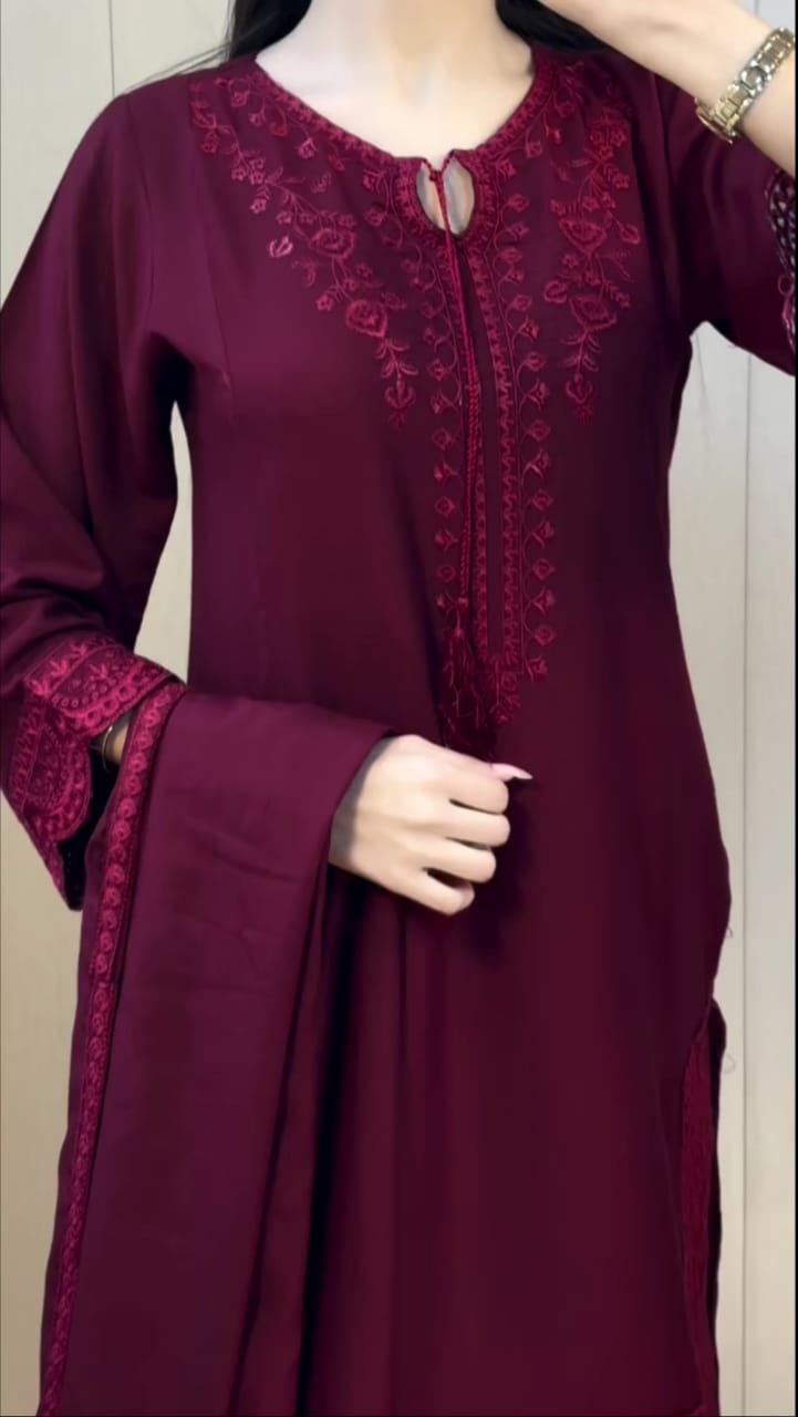 Maroon Embroidered 3Pc Suit