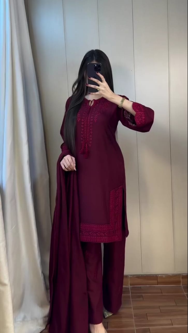 Maroon Embroidered 3Pc Suit