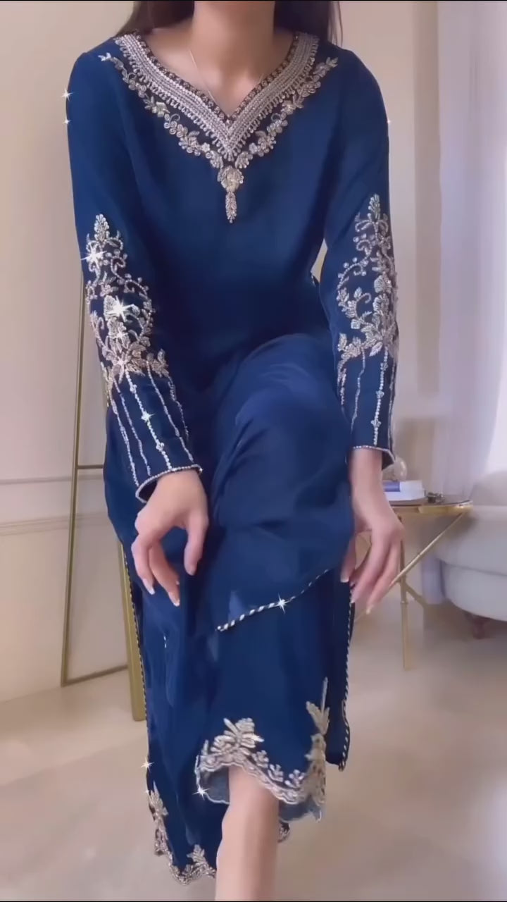 BLUE COLOR EMBROIDERED NECK DESIGN 3PC SUIT