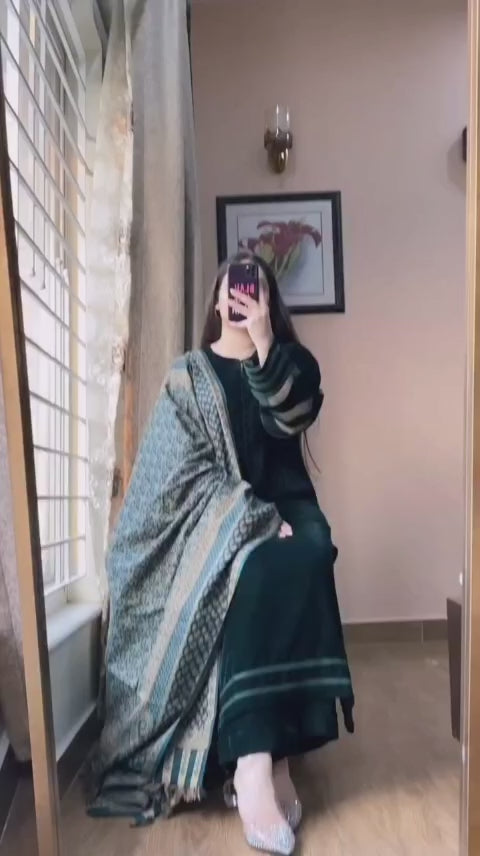 DARK GREEN VELVET EMBROIDERED 3PC SUIT