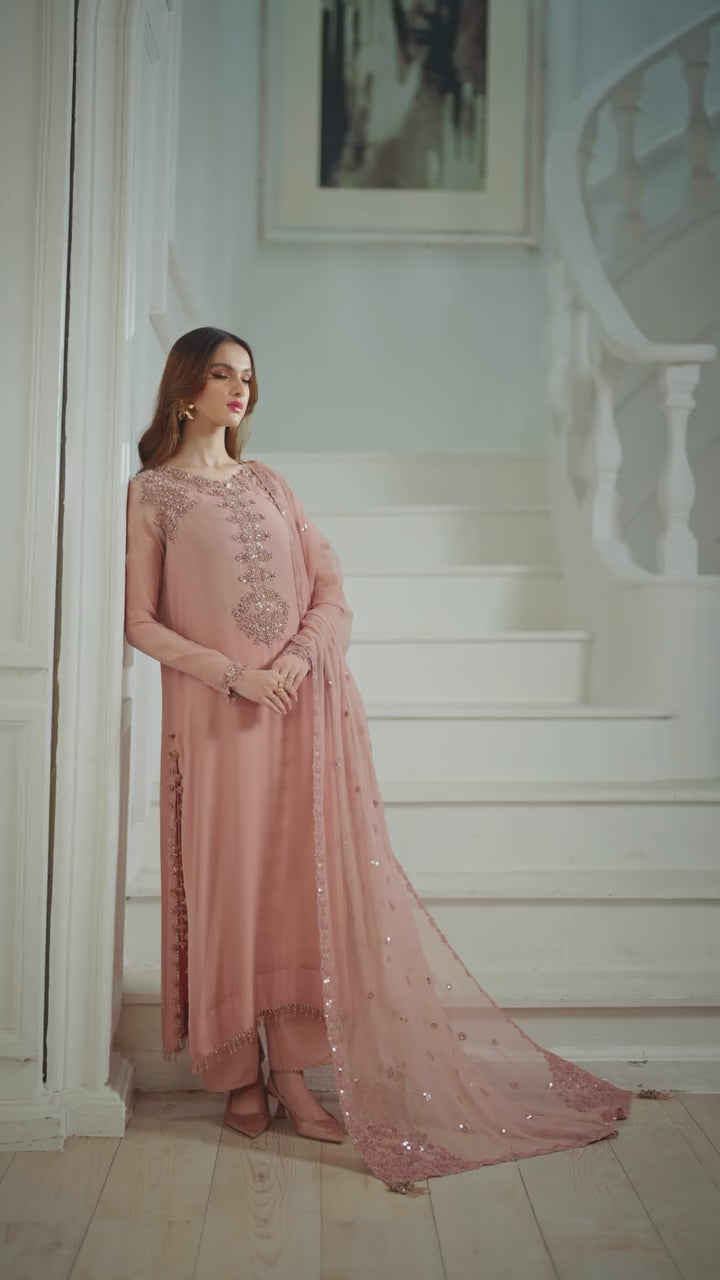 Baby Pink Embroidered Shafoon 3Pc Suit